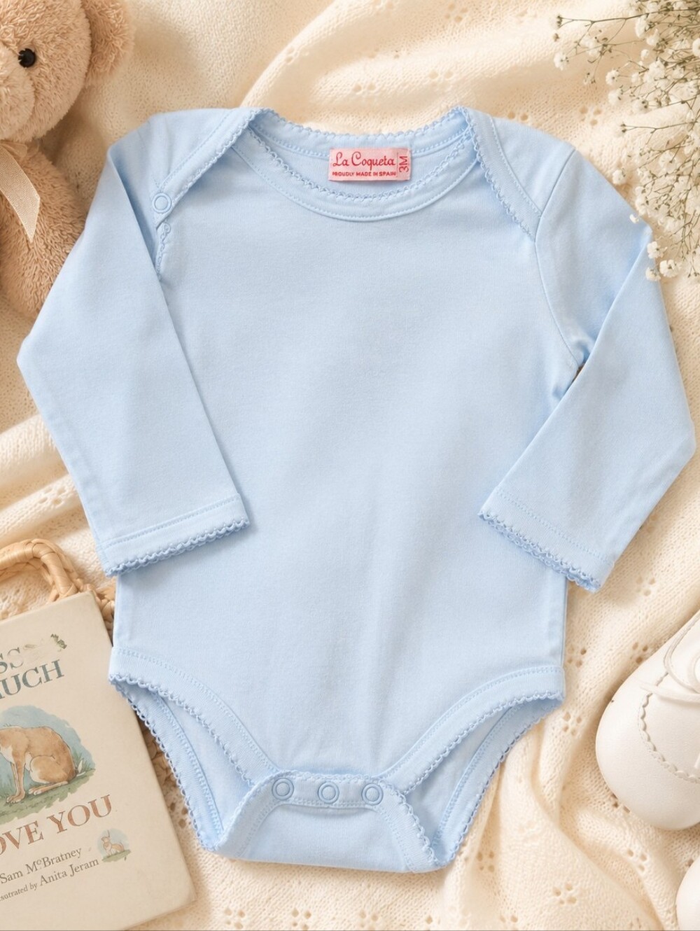 La Coqueta Baby Blue Long Sleeve Bodysuit Onesie 3M Made in Spain